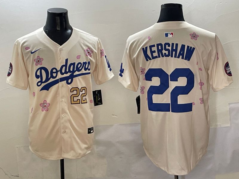 Men Los Angeles Dodgers #22 Kershaw Cream White Blue Sakura Edition 2025 Nike MLB Jersey style 4